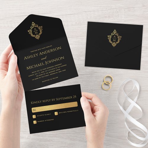 Crest Black Faux Gold Elegant Wedding Monogram All In One Invitation