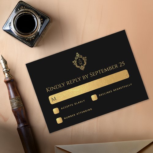 Crest Black Faux Gold Elegant Wedding Monogram  RSVP Card