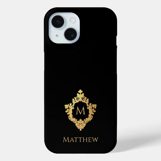 Crest Black Faux Gold Foil Elegant Monogram & Name Case-Mate iPhone Case (Back)