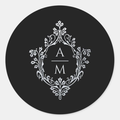 Crest Black Faux Silver Vintage Wedding Monogram Classic Round Sticker