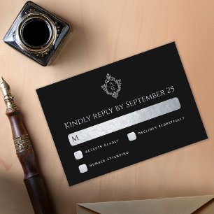 Crest Black Faux Silver Wedding Monogram Elegant RSVP Card