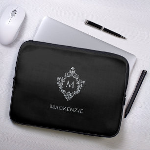 Crest Black Gray Monogram Name Vintage Monochrome Laptop Sleeve