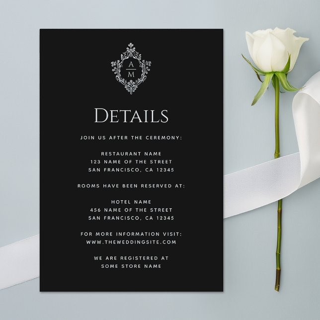 Crest Black  Wedding Details Vintage Monogram Enclosure Card (Creator Uploaded)