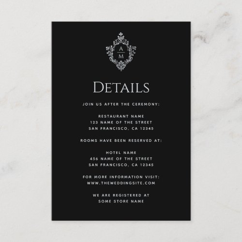 Crest Black  Wedding Details Vintage Monogram Enclosure Card