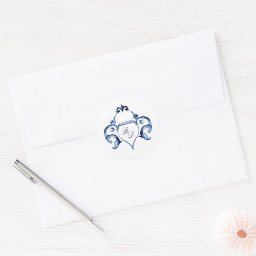  Crest Blue and white Delft Monogrammed wedding Classic Round Sticker