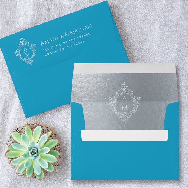 Crest Blue Azure Wedding Monogram Faux Silver Foil Envelope (Creator Uploaded)