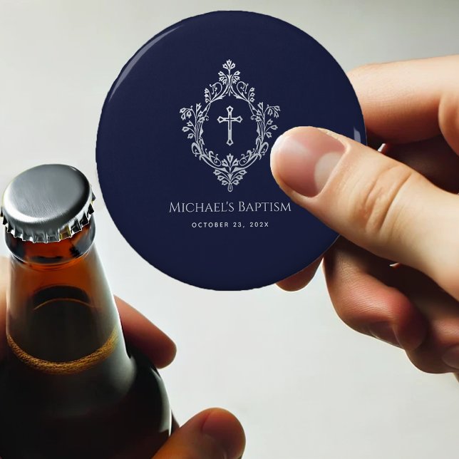 Crest Boy Baptism Favors Navy Blue Elegant Vintage Bottle Opener (Creator Uploaded)