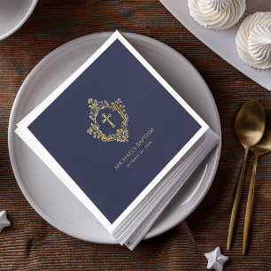Crest Boy Baptism Navy Blue Elegant Faux Gold Foil Napkins