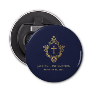 Crest Boy Confirmation Favors Navy Blue Faux Gold Bottle Opener