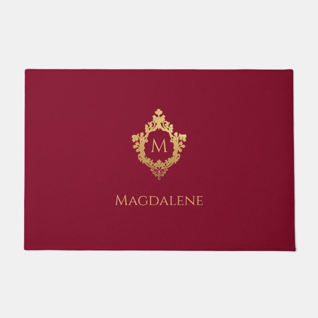 Crest Burgundy Faux Gold Elegant Monogram Name Doormat (Front)