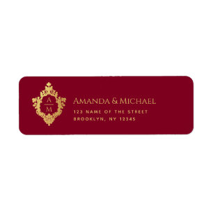 Crest Burgundy Faux Gold Elegant Wedding Monogram Label