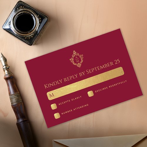 Crest Burgundy Faux Gold Elegant Wedding Monogram  RSVP Card