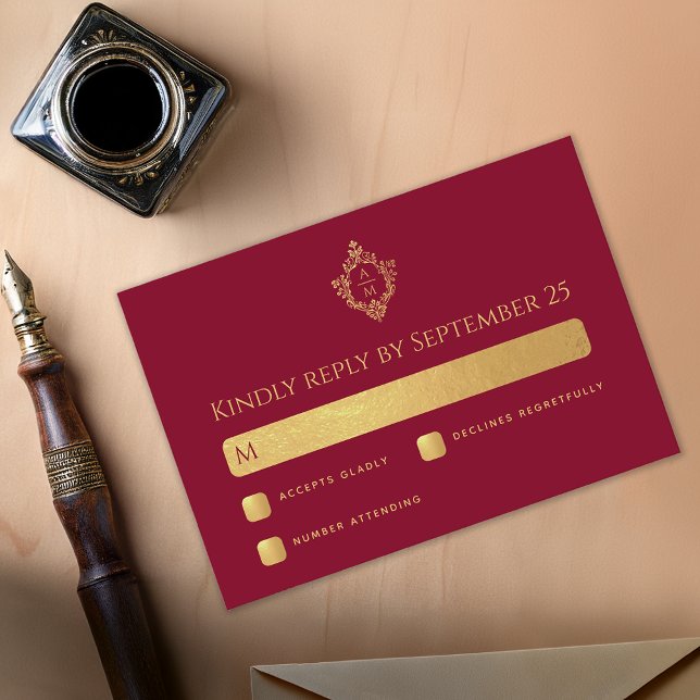 Crest Burgundy Faux Gold Elegant Wedding Monogram  RSVP Card (Creator Uploaded)