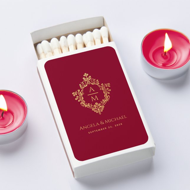 Crest Burgundy Faux Gold Vintage Wedding Monogram Matchboxes (Creator Uploaded)