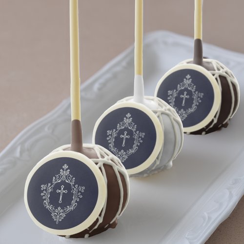 Crest Cross Navy Blue Boy Baptism First Communion Cake Pops