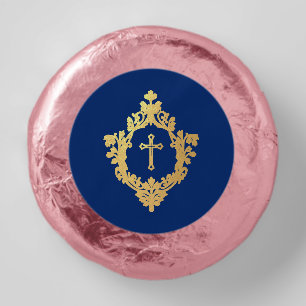Crest Cross Royal Blue Faux Gold Baptism Communion Dipped Oreo Cookie Favors