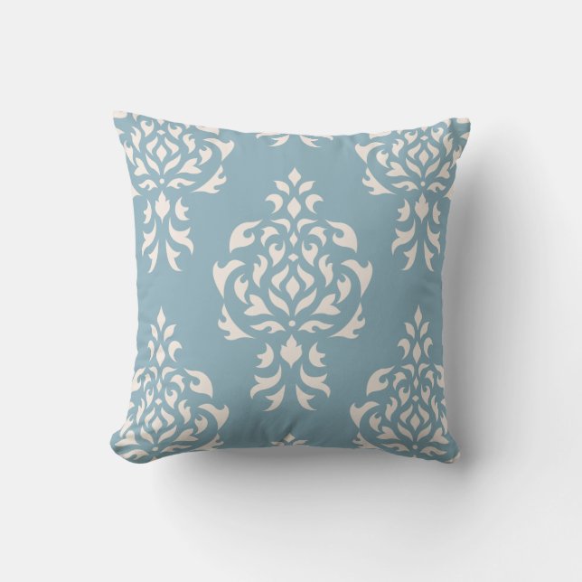 Crest Damask Pattern – Cream on Blue Throw Pillow (Front)