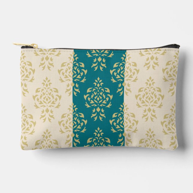 Crest Damask Pattern – Gold on Teal & Cream Accessory Pouch (Front)