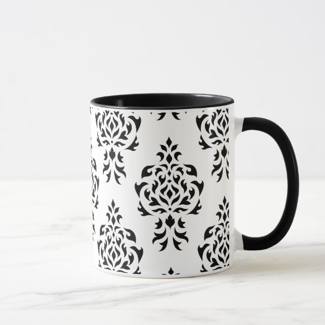 Crest Damask Repeat Pattern – Black on White Mug (Right)