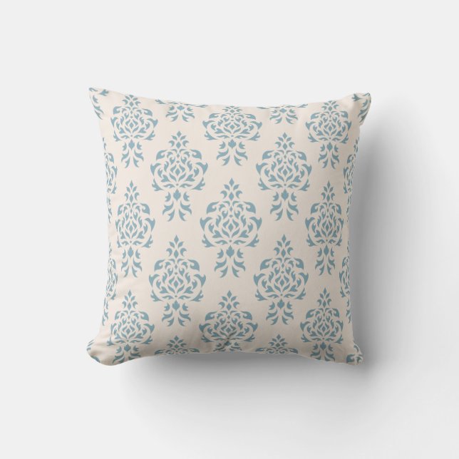 Crest Damask Repeat Pattern – Blue on Cream Throw Pillow (Front)