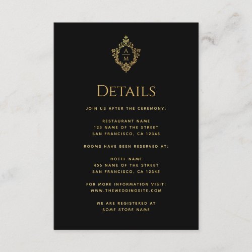 Crest Details Black Faux Gold Wedding Monogram  Enclosure Card