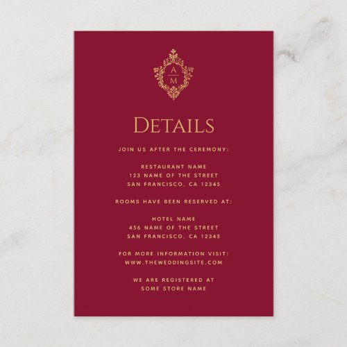 Crest Details Burgundy Wedding Monogram Faux Gold Enclosure Card