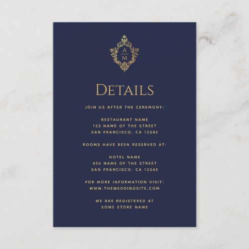 Crest Details Navy Blue Wedding Monogram Faux Gold Enclosure Card