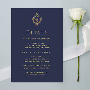 Crest Details Navy Blue Wedding Monogram Faux Gold Enclosure Card