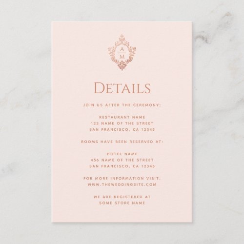 Crest Details Pink Wedding Monogram Rose Gold Enclosure Card