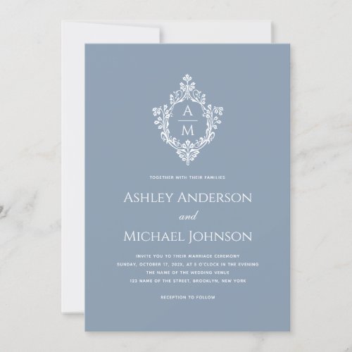 Crest Dusty Blue Elegant Monogram Formal Wedding Invitation