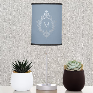Crest Dusty Blue Elegant Monogram Vintage Antique Table Lamp