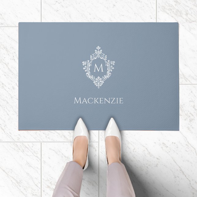 Crest Dusty Blue Monogram Elegant Initial and Name Doormat (Creator Uploaded)