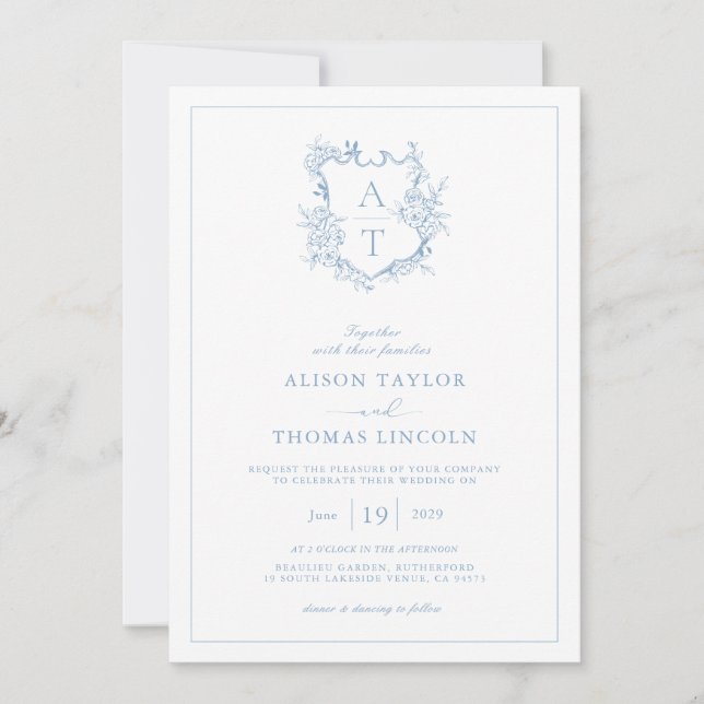 Crest Dusty Blue Monogram QR Code Wedding Invitation (Front)