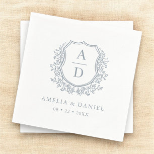 Crest Dusty Blue Monogram Wedding Elegant Napkins