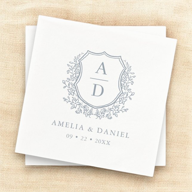 Crest Dusty Blue Monogram Wedding Elegant Napkins (Creator Uploaded)