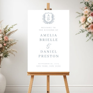 Crest Dusty Blue Monogram Wedding Welcome Sign