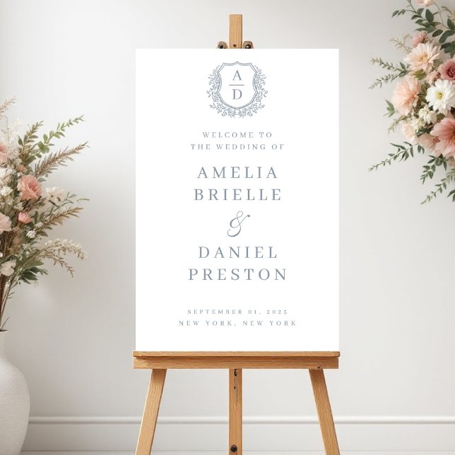 Crest Dusty Blue Monogram Wedding Welcome Sign (Creator Uploaded)
