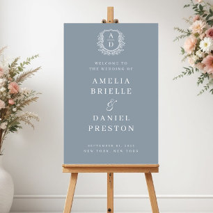 Crest Dusty Blue Monogram Wedding Welcome Sign