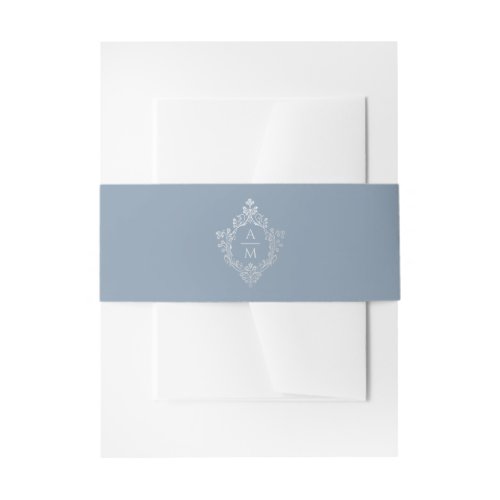 Crest Dusty Blue Silver Elegant Vintage Monogram Invitation Belly Band