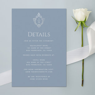 Crest Dusty Blue Wedding Details Vintage Monogram Enclosure Card
