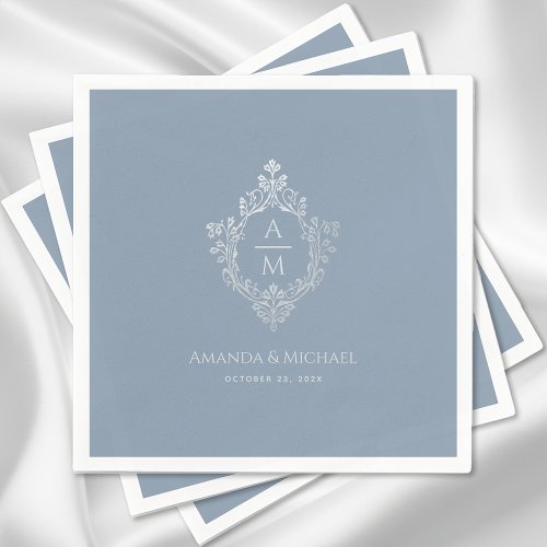 Crest Dusty Blue Wedding Monogram Elegant Vintage  Napkins