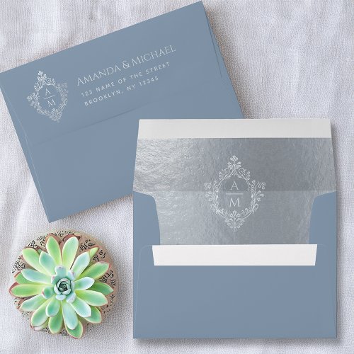 Crest Dusty Blue Wedding Monogram Faux Silver Foil Envelope