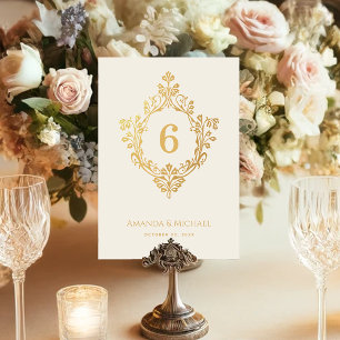 Crest Faux Gold Foil Ivory Elegant Vintage Wedding Table Number