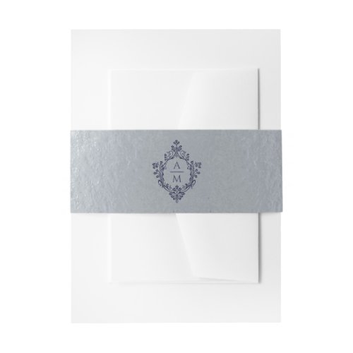 Crest Faux Silver Foil Vintage Monogram Navy Blue  Invitation Belly Band