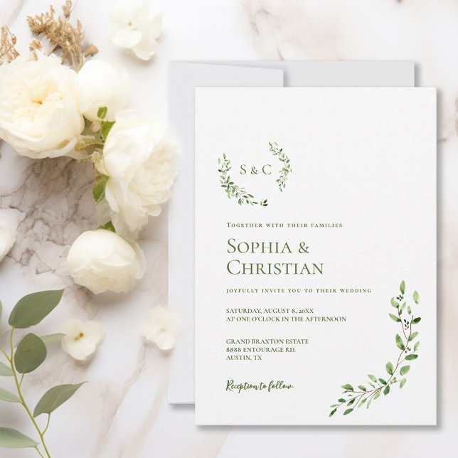 Crest Greenery Watercolor Wreath Monogram Wedding Invitation (Simple Monogram wedding crest wreath leaf green and white invitaiton.)