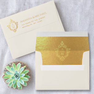 Crest Ivory Faux Gold Elegant Wedding Monogram  Envelope