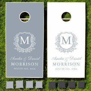 Crest Modern Dusty Blue Monogram Wedding  Cornhole Set