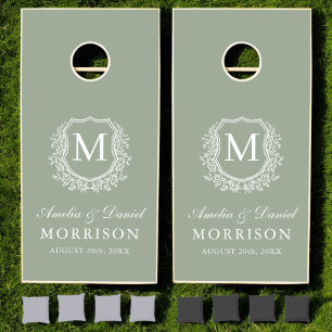 Crest Modern Sage Green Monogram Wedding Cornhole Set