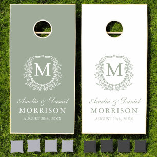 Crest Modern Sage Green Monogram Wedding Cornhole Set