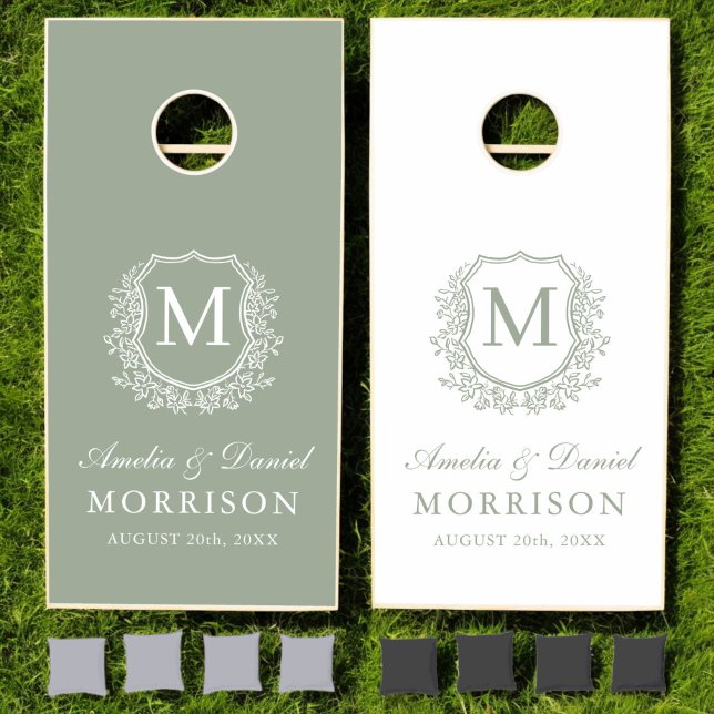Crest Modern Sage Green Monogram Wedding  Cornhole Set (Creator Uploaded)
